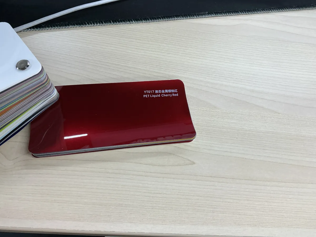 YT017 PET Liquid Metal Cherry Red CFC color change film swatch