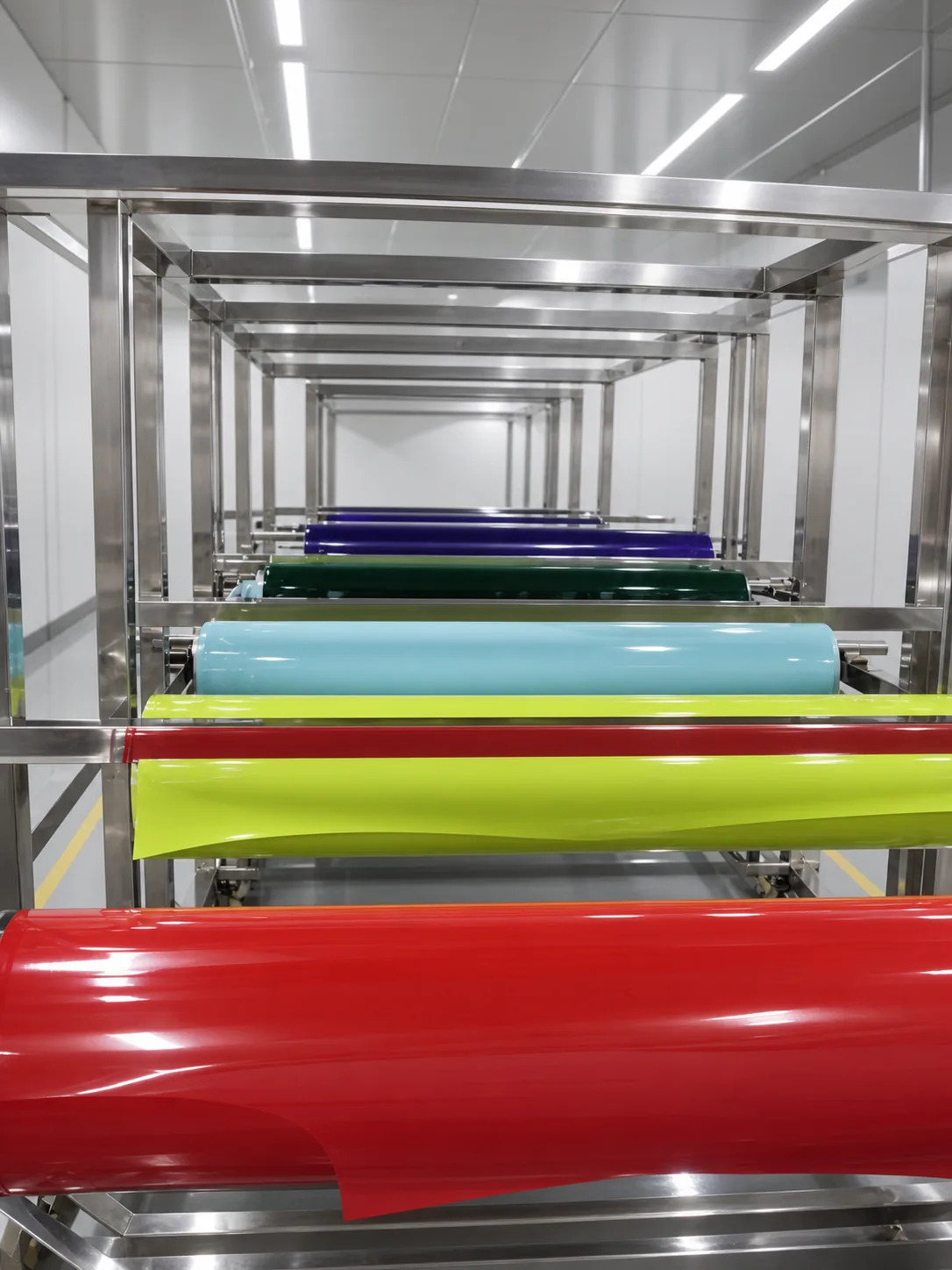Bright red, yellow, blue, green and purple CFC automotive film rolls on factory racks